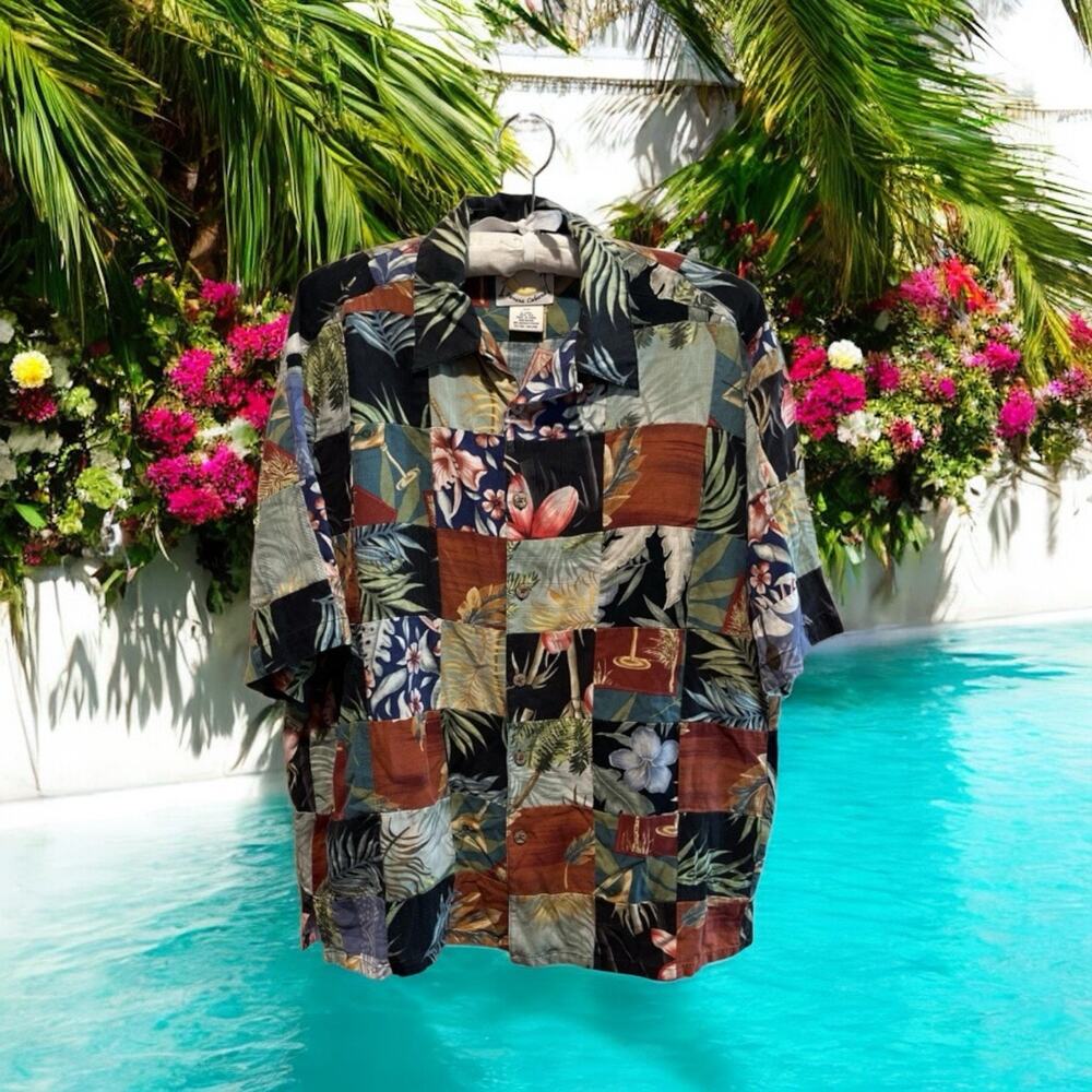 Banana Cabana Hawaiian Shirt Men’s Patchwork 100% Silk Floral Wooden Button